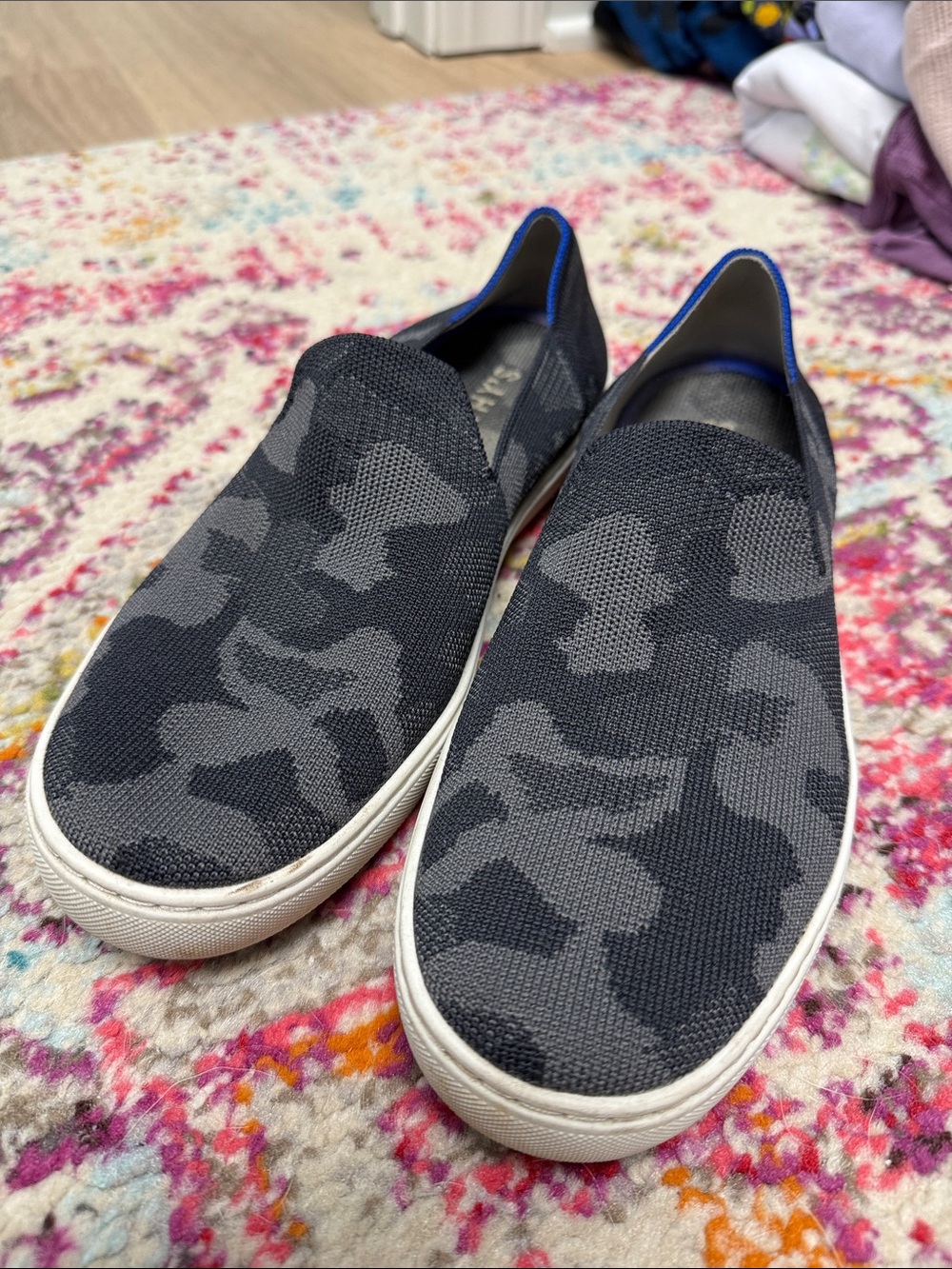 Rothy's Women's Slip-On Flats in Black and Gray Camo Knit